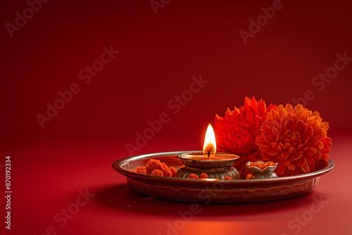 Traditional Pooja Thali with Lit Diya and Flowers on Red Background for Rituals
