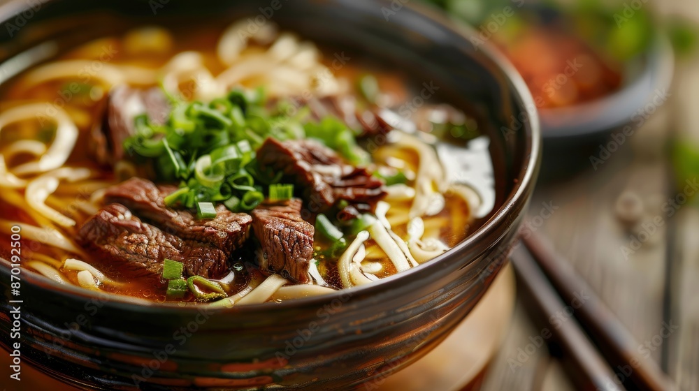 Close-Up Of A Bowl Of Chinese-Style Beef Noodle Soup, Soft Focus On The Delicious Broth Close-Up Of A Bowl Of Chinese-Style Beef Noodle Soup, Soft Focus On The Delicious Broth