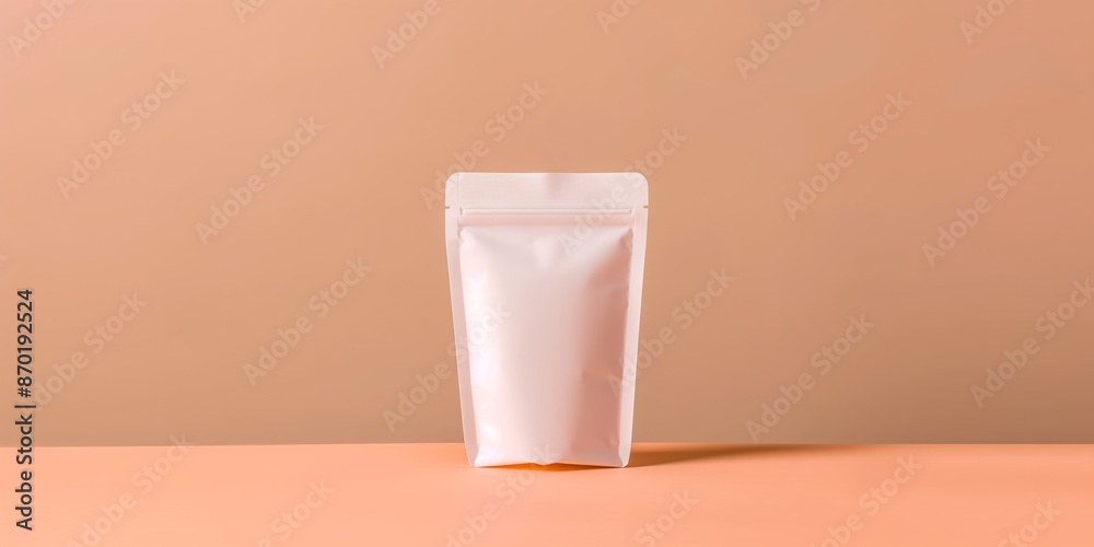 Blank White Stand-Up Pouch Packaging Mockup on a Neutral Beige Background Blank White Stand-Up Pouch Packaging Mockup on a Neutral Beige Background