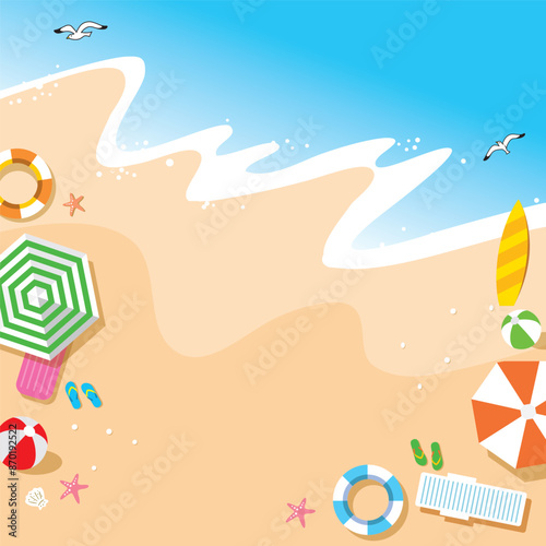 Summer vacation beach background frame illustration. Sand beach. Tube. Beach ball.