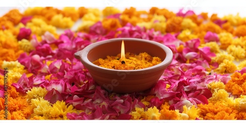 Diya Surrounded by Vibrant Petals for Traditional Diwali Celebration