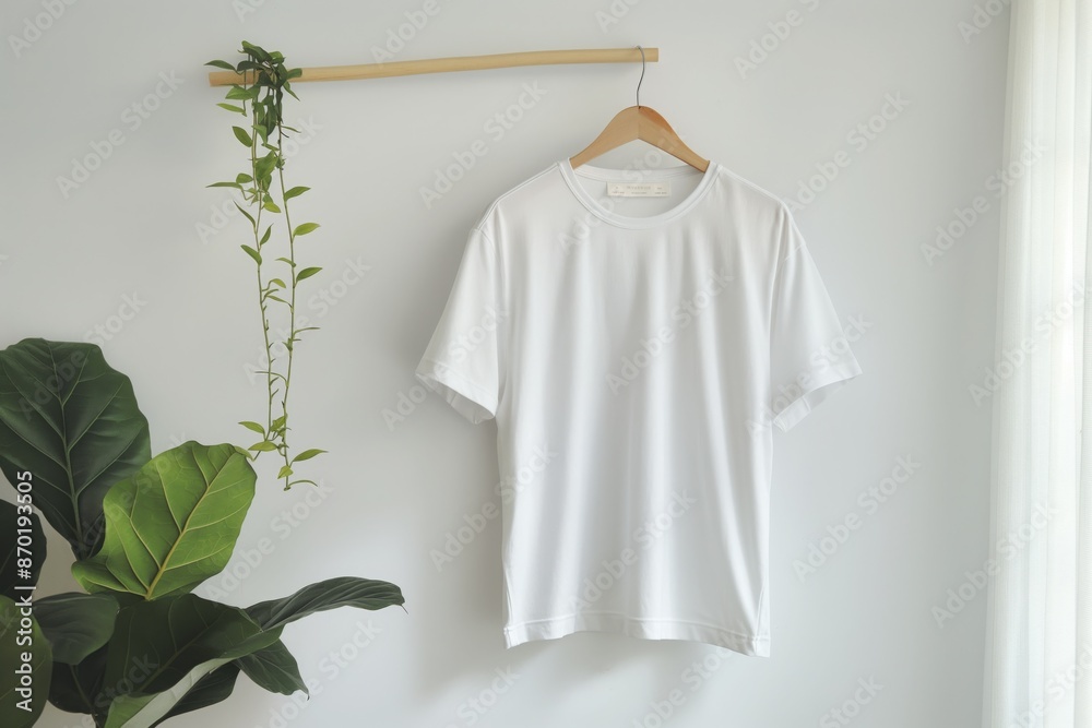 White T-Shirt on Hanger with Green Plants in Minimalist Setting mockup White T-Shirt on Hanger with Green Plants in Minimalist Setting mockup