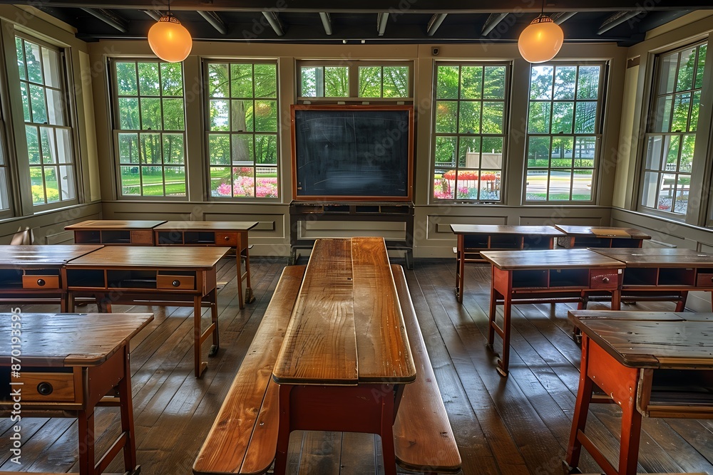 A cozy empty classroom with wooden desks, a chalkboard at the front, and large windows letting in natural light A cozy empty classroom with wooden desks, a chalkboard at the front, and large windows letting in natural light