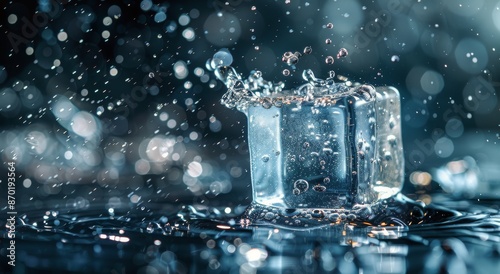 Ice Cube Splashing Into Water With Bokeh Background