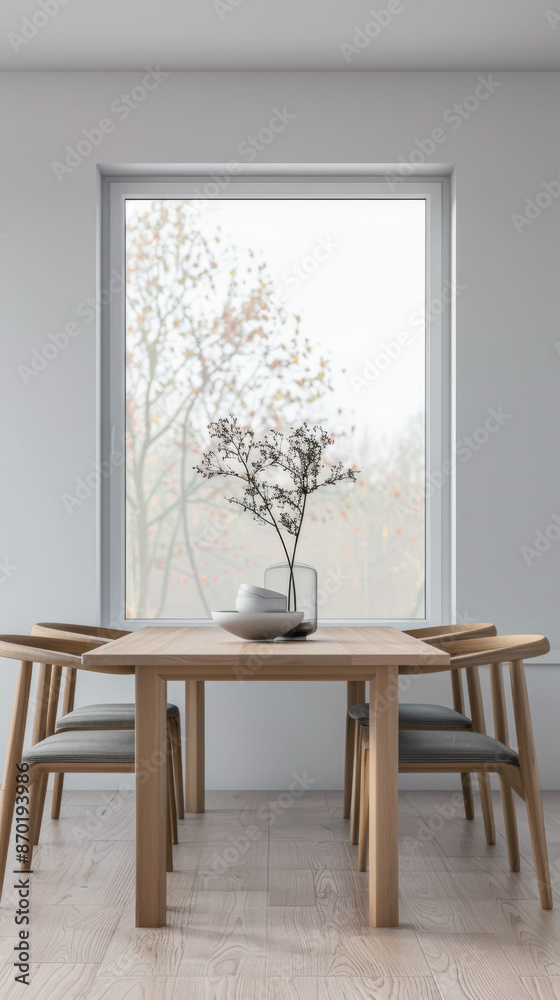 Fototapeta premium Minimalist living room interiors composition with a dinning table next to a window, no people and minimal furniture. Luxury Real Estate composition.