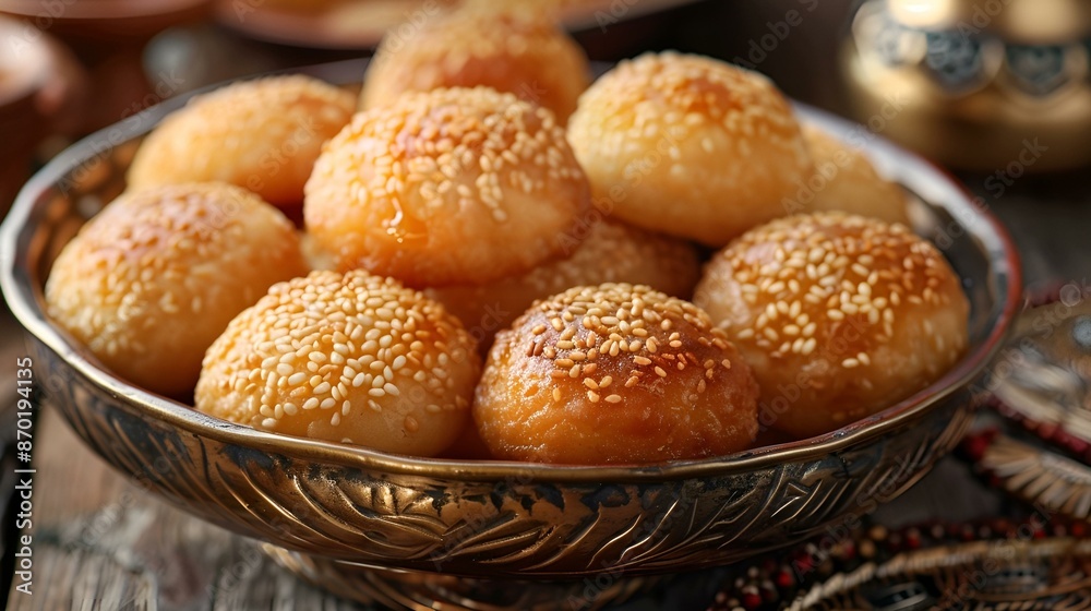 A bowl of sesame-covered doughnuts. A bowl of sesame-covered doughnuts.