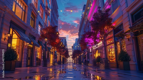 City Chic: Twilight Scene of High-End Shopping District with Designer Brands © growth.ai