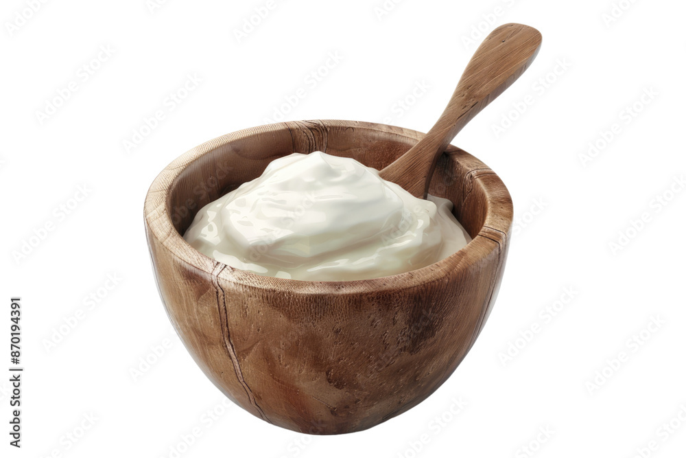 Greek yogurt in wooden bowl isolated on transparent background Greek yogurt in wooden bowl isolated on transparent background