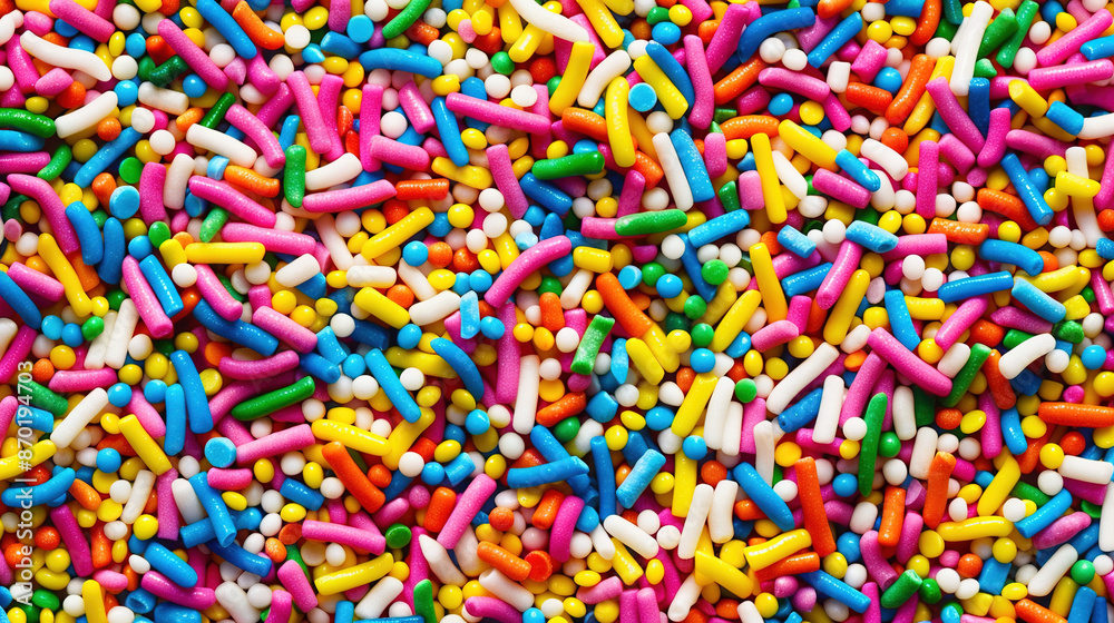 Rainbow sprinkles background tile realistic photo. Close up food photography, for advertisement, product promotion, background, wallpaper. Rainbow sprinkles background tile realistic photo. Close up food photography, for advertisement, product promotion, background, wallpaper.