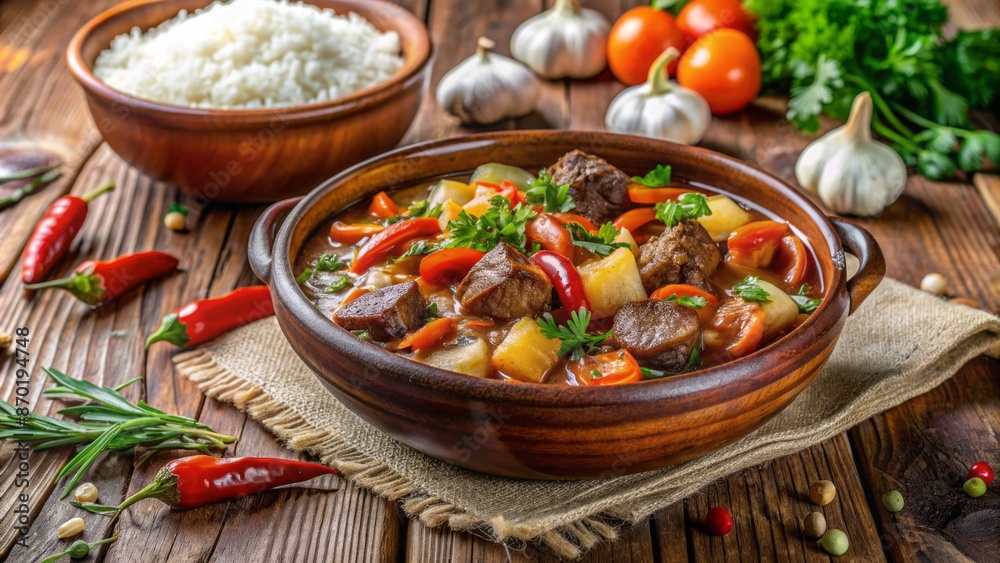 Delicious, flavorful stew with tender vegetables and steaming rice, served in a rustic, earth-toned ceramic bowl on wooden table. Delicious, flavorful stew with tender vegetables and steaming rice, served in a rustic, earth-toned ceramic bowl on wooden table.