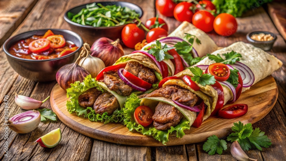 Delicious And Healthy Doner Kebab Wraps With Fresh Vegetables And Herbs On A Wooden Table. Delicious And Healthy Doner Kebab Wraps With Fresh Vegetables And Herbs On A Wooden Table.