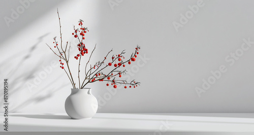 vase with red beeries on twigs in front of a white wall on a white table photo