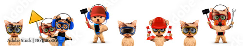 Funny dogs with carpenter tools like wrench, hammer and headphones