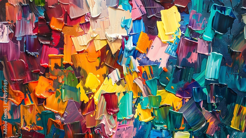 Naklejka premium With each stroke of the brush, the canvas is transformed into a vibrant mosaic of color and texture, as bold paint strokes come together to create an abstract masterpiece.