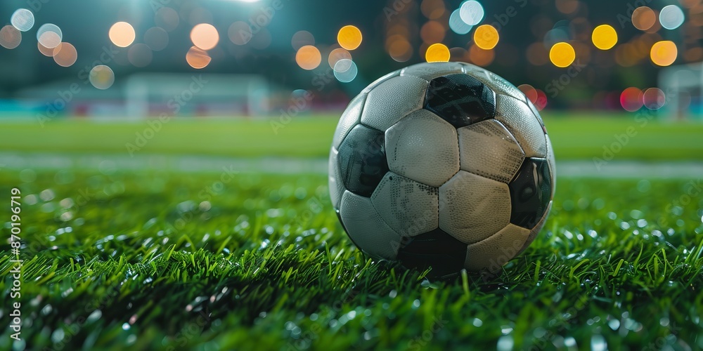 Naklejka premium Football on grass field with bokeh background under stadium lights at night
