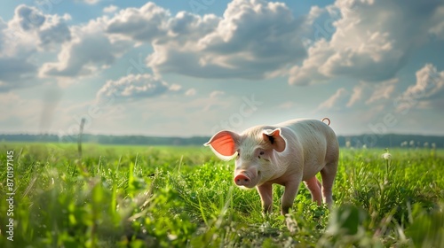 Pig on green field. 