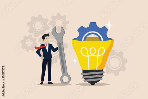 Innovation or product development, creating new technology to build a product, idea and solution concept, businessman build gear in lightbulb idea.
