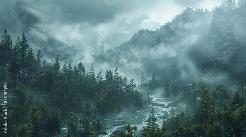 mist-covered forest scenery in the mountains, capturing the tranquil beauty and mysterious atmosphere of the high-elevation terrain.