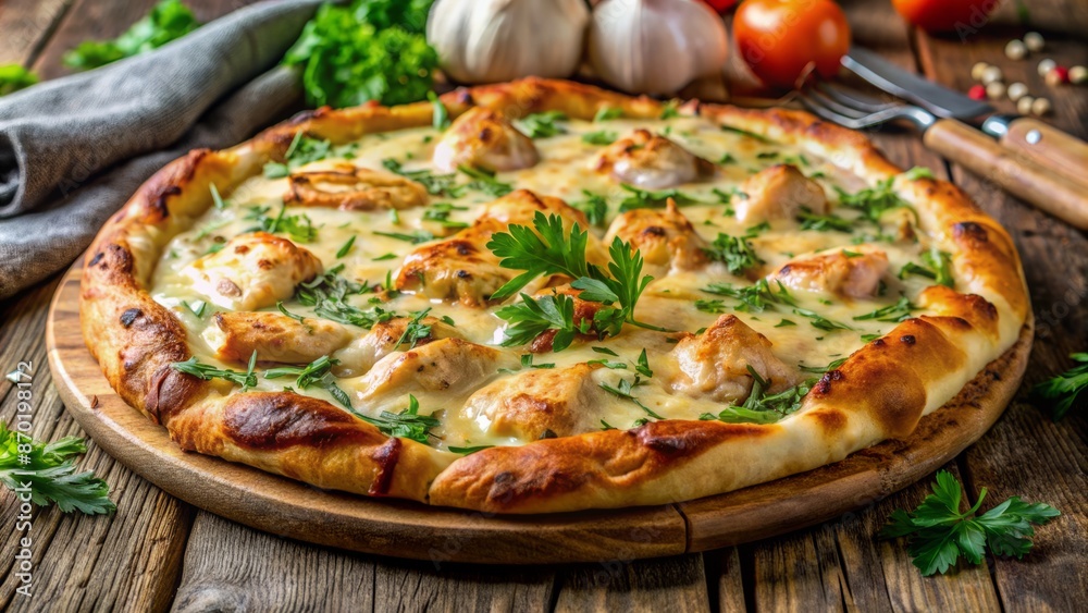 A Delicious Pizza With Chicken, Cheese, And Herbs.
