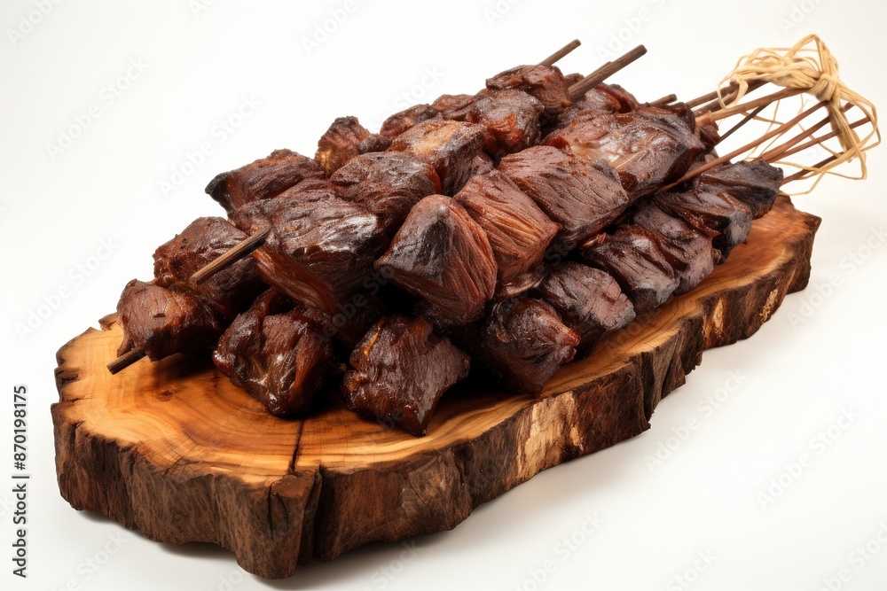 Grilled Meat Skewers on a Wooden Board  on white background