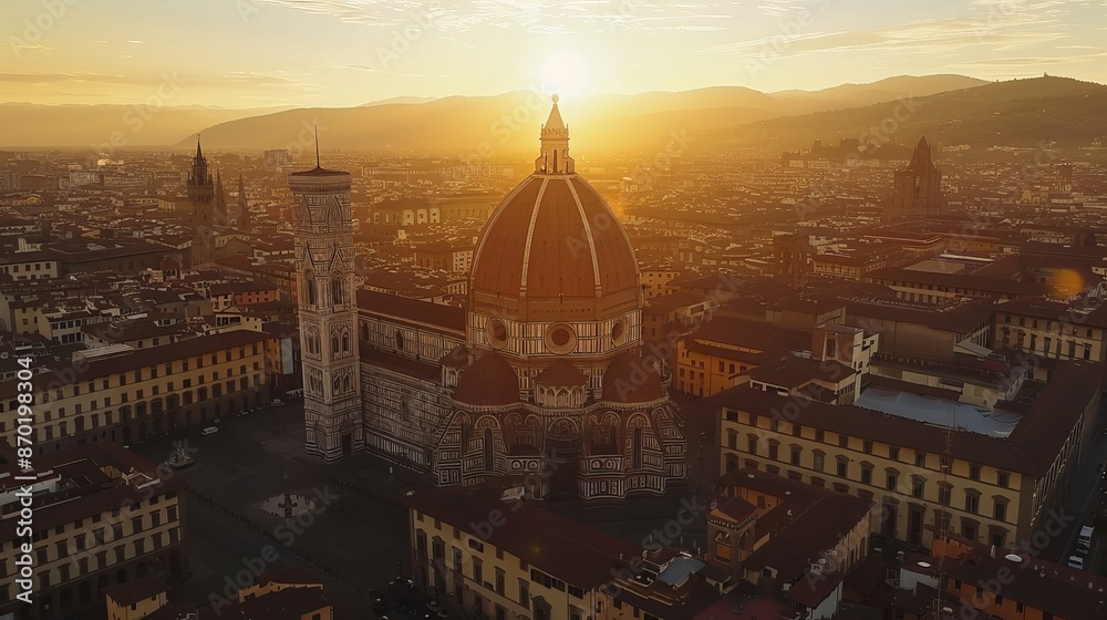 Fototapeta premium An aerial view of Florence Cathedral (Duomo di Firenze), also known as the Cathedral of Saint Mary of the Flower, during sunset golden hour in Italy.