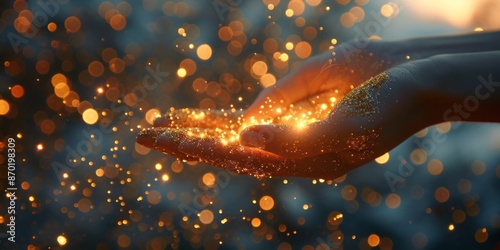 Hands Holding Glowing Golden Sparkles in Magical Sunset Light photo