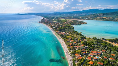 An aerial view of the stunning beach of Cape Possidi on the Kassandra peninsula in Halkidiki, Greece.