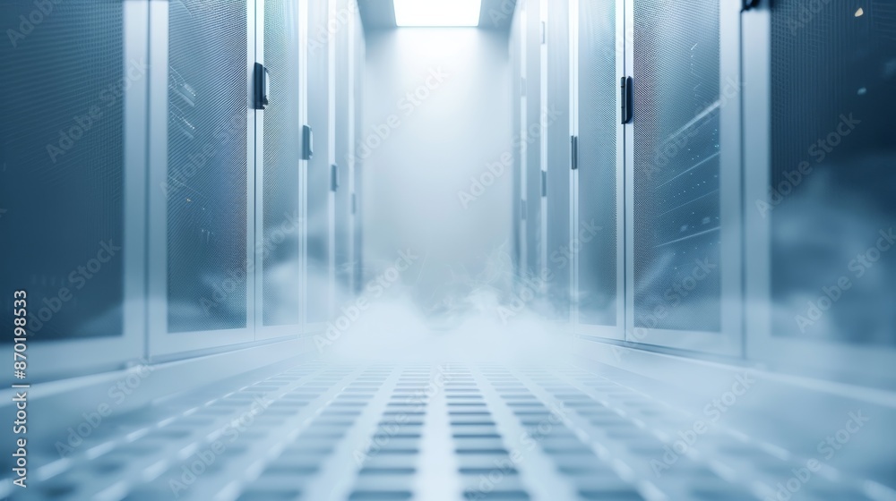 High-tech data server setup, tidy data boxes, clear room, smoke backdrop adding a dramatic touch, intricate and modern High-tech data server setup, tidy data boxes, clear room, smoke backdrop adding a dramatic touch, intricate and modern