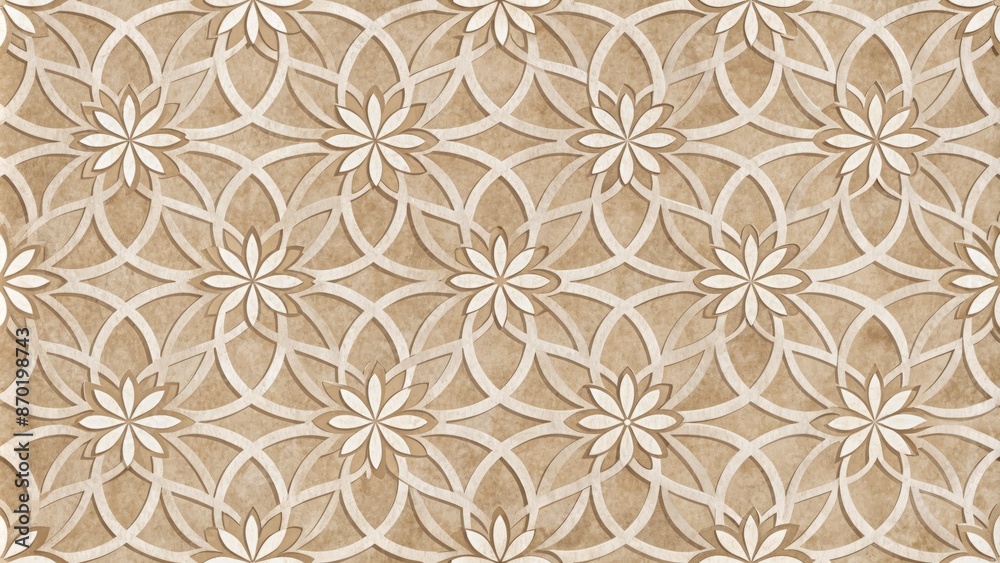 Fototapeta premium Elegant seamless floral pattern of interlocking rounded shapes in muted beige and cream hues on a subtle textured background.