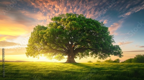
A majestic tree with lush green leaves standing in a grassy field under a sunset sky with clouds in the background.