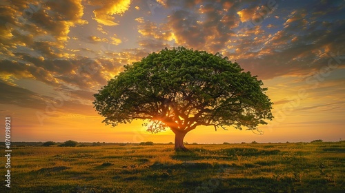  A majestic tree with lush green leaves standing in a grassy field under a sunset sky with clouds in the background.