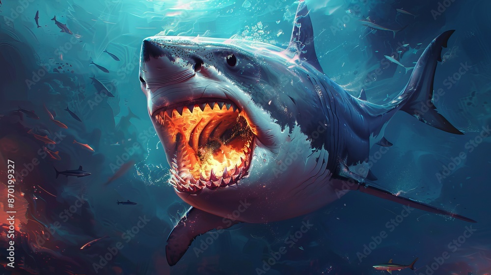 Obraz premium A dangerous shark wallpaper for a desktop could depict a striking image of a shark swimming through deep ocean waters, its powerful silhouette contrasting against the blue hues of the sea.