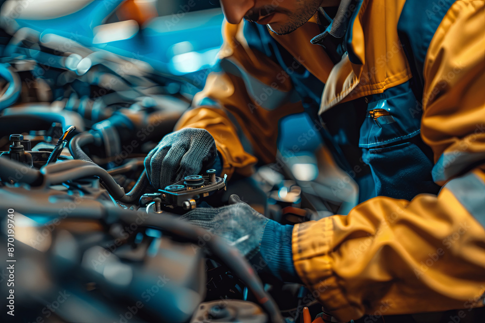 Skilled auto mechanic working in his workshop
