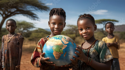 International day of peace concept with African Children holding earth globe. Group of African children holding planet earth over blurry nature background with copy space
 photo