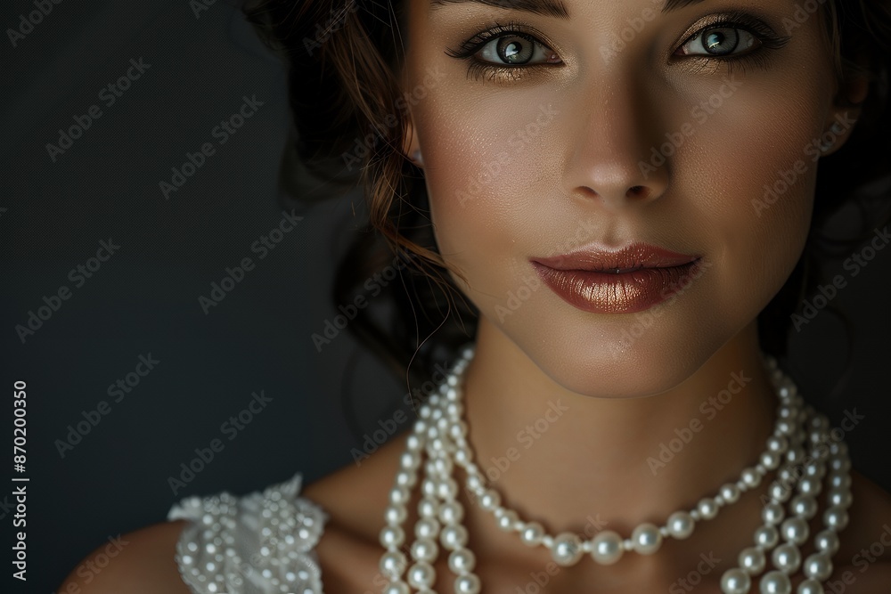 Close up portrait of beautiful woman wearing three white pearl necklaces isolated on black background, detailed illustration, high resolution photography, professional photograph, high definition, HDR Close up portrait of beautiful woman wearing three white pearl necklaces isolated on black background, detailed illustration, high resolution photography, professional photograph, high definition, HDR