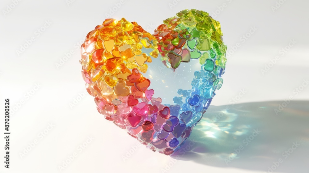 A heart filled with rainbow colors floats on a white background. A heart filled with rainbow colors floats on a white background.
