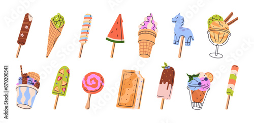 Ice cream set. Different icecream: popsicle, gelato in cup, fruit lolly, sorbet in waffle cone, sundae. Frozen summer dessert for children. Flat isolated vector illustrations on white background