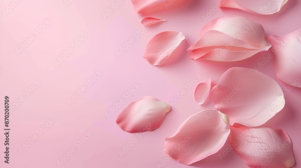 Delicate pink rose petals spread out on a soft pastel pink background, with space for text or design elements Delicate pink rose petals spread out on a soft pastel pink background, with space for text or design elements