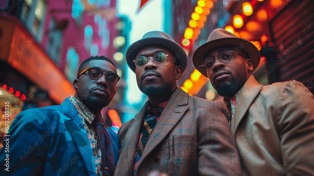 Three men dressed in the latest fashion trends, standing with poise and self-assurance Three men dressed in the latest fashion trends, standing with poise and self-assurance