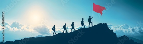 A group of people are climbing a mountain and one of them is holding a red flag