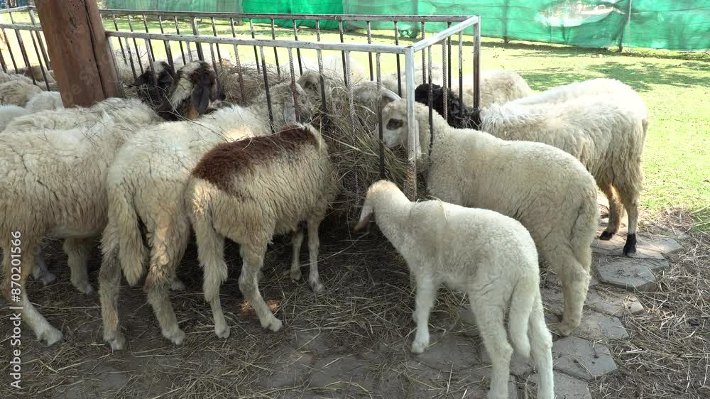 Farm animal sheep walking, resting, eating grass freely in farmland