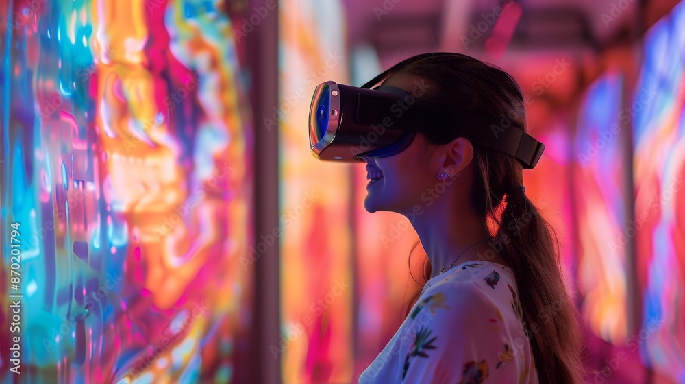 A young woman wearing VR glasses, exploring an immersive virtual reality experience in the museum hall with vibrant colors and art paintings on the walls, side view. The photo was taken in the style o A young woman wearing VR glasses, exploring an immersive virtual reality experience in the museum hall with vibrant colors and art paintings on the walls, side view. The photo was taken in the style o