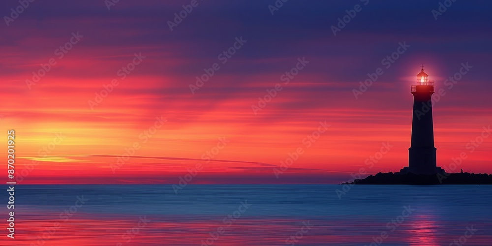 Naklejka premium Majestic Lighthouse Against a Vibrant Sunset Over Calm Waters