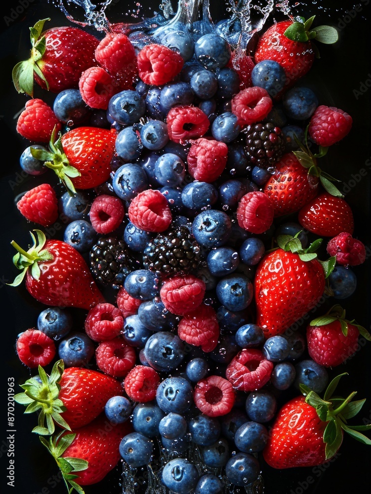 A Macro Shot of Assorted Fresh Berries Including Raspberries, Blueberries, Blackberries, and Tropical Fruits Like Mango and Papaya with Splashing Water, Creating a Refreshing and Colorful Display