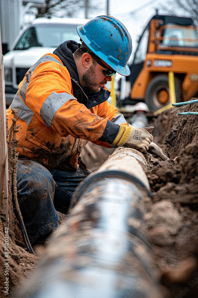 Worker installing underground pipes Worker installing underground pipes