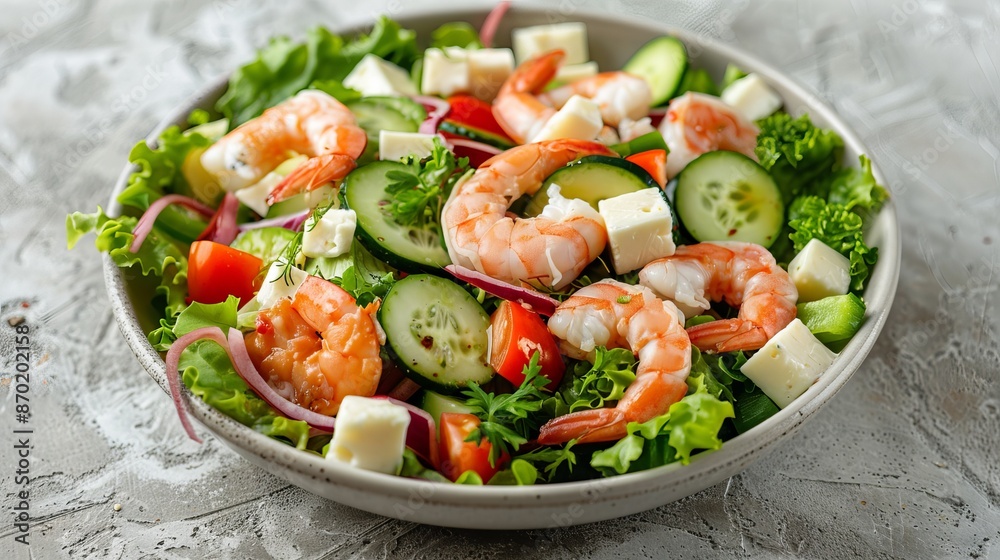 Against a backdrop of light concrete, a vibrant salad is artfully arranged, showcasing a medley of fresh vegetables, creamy cheese, and succulent shrimp. Against a backdrop of light concrete, a vibrant salad is artfully arranged, showcasing a medley of fresh vegetables, creamy cheese, and succulent shrimp.