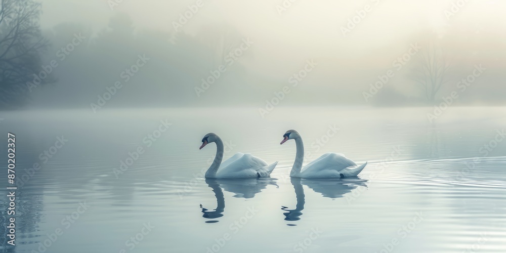 Fototapeta premium Tranquil Morning Serenity with Swans on Misty Lake