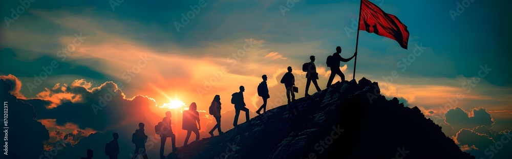 Fototapeta premium A group of people are on a mountain, with a red flag held by one of them