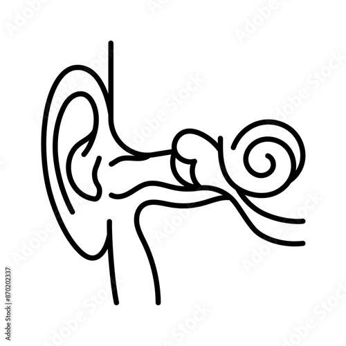 The hearing, line icon. The human ear structure -canal, eardrum, middle and inner ear, cochlea. The Concept of hearing impairment, hearing treatment. Linear illustration, editable stroke, thin line