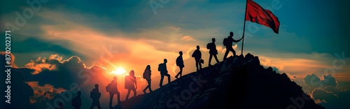 A group of people are on a mountain, with a red flag held by one of them